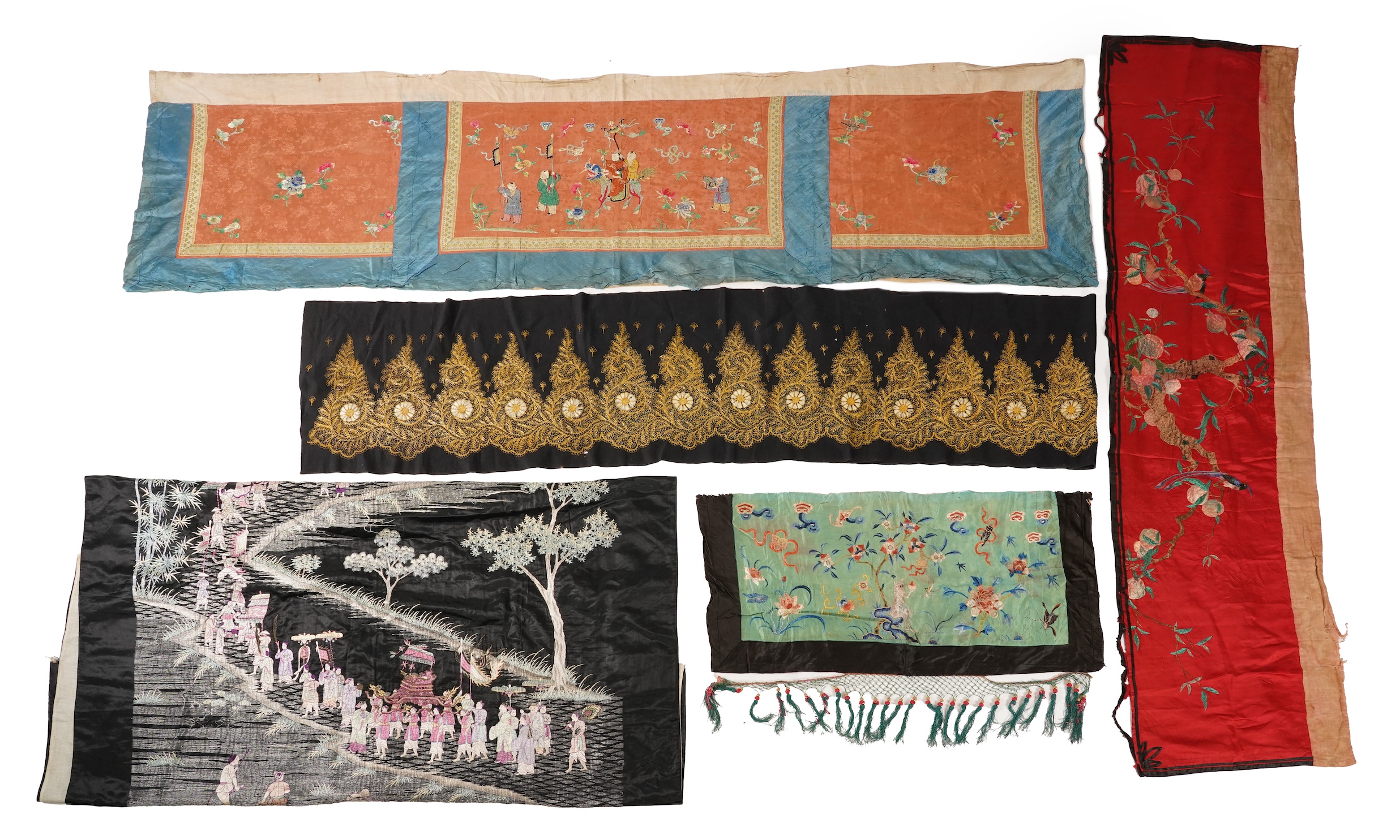 Four Chinese embroidered silk panels, late 19th/early 20th century and a similar Indian panel